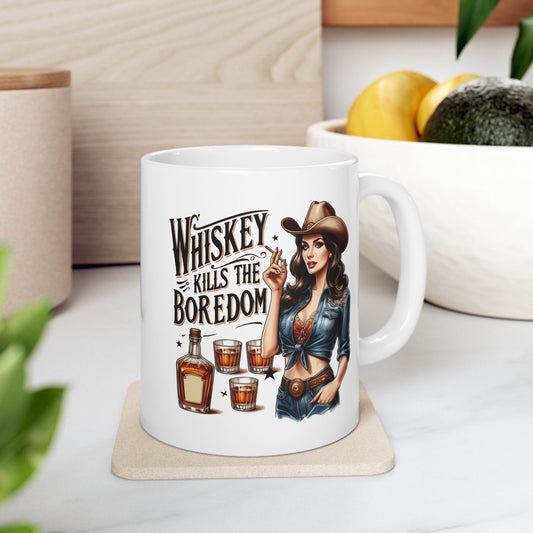 #66 Whiskey kills the boredom - Funny Retro Girl Mug for Everyday Use | 11oz & 15oz Coffee Cup