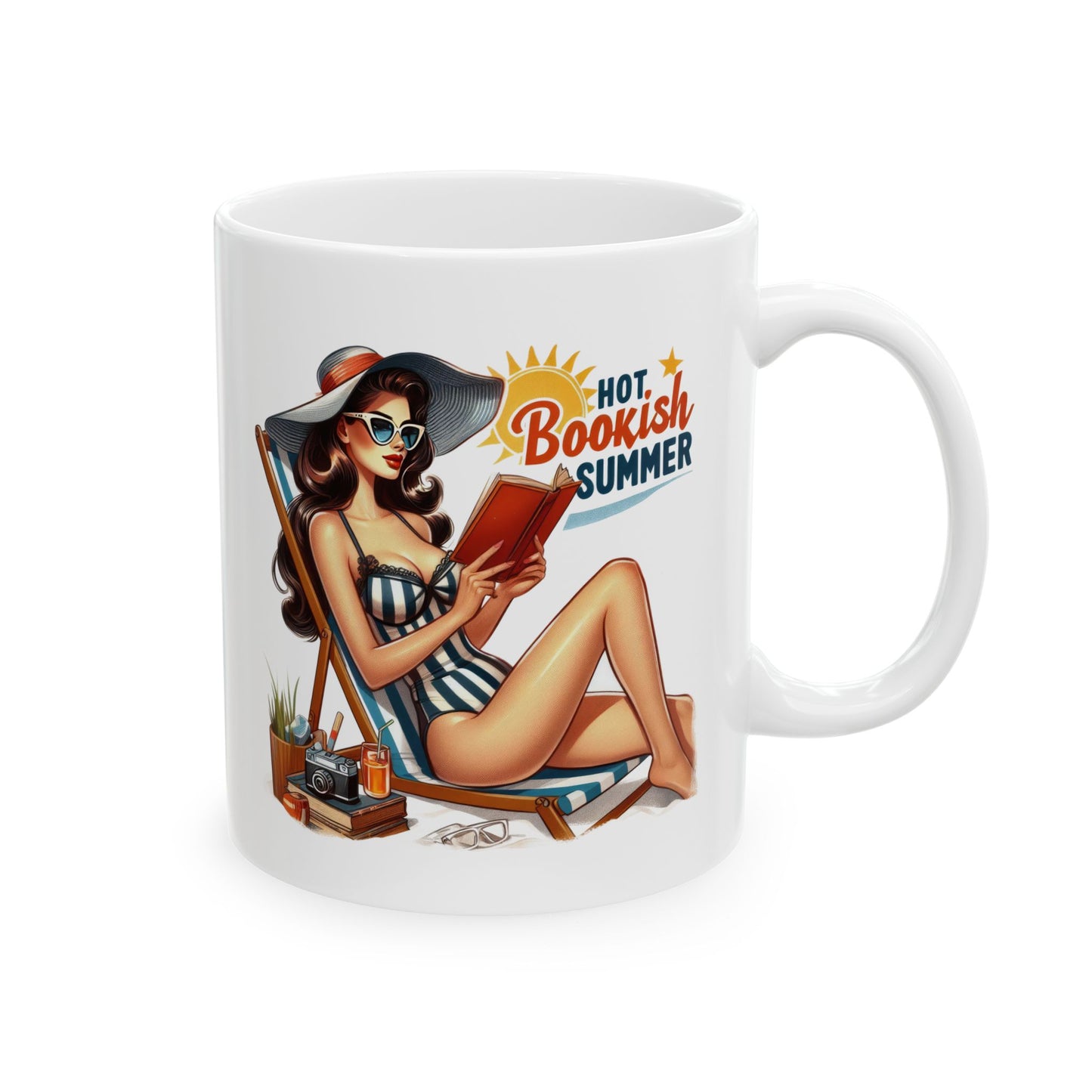 #57 Hot bookish summer - Funny Retro Girl Mug for Everyday Use | 11oz & 15oz Coffee Cup