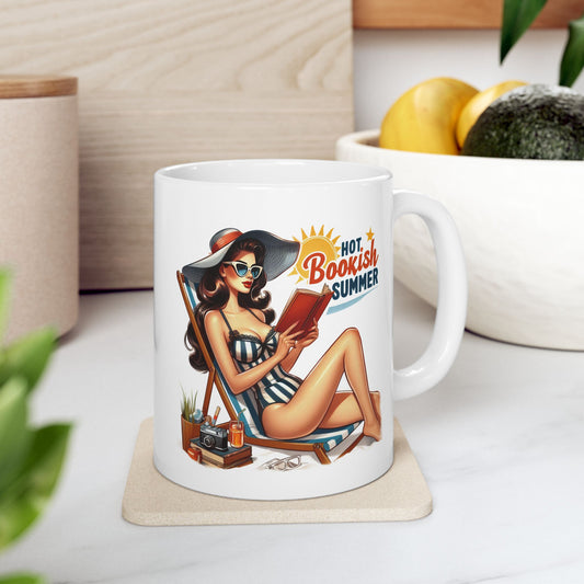 #57 Hot bookish summer - Funny Retro Girl Mug for Everyday Use | 11oz & 15oz Coffee Cup