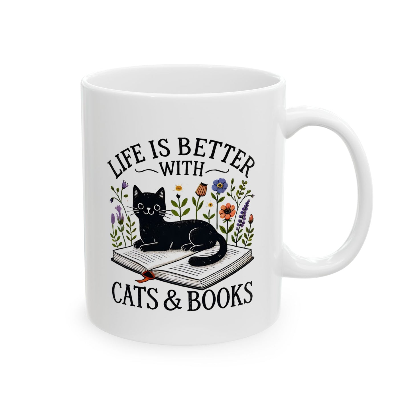 #27 Life is better with cats & books - Funny Cat Lover Mug for Everyday Use | 11oz & 15oz Coffee Cup