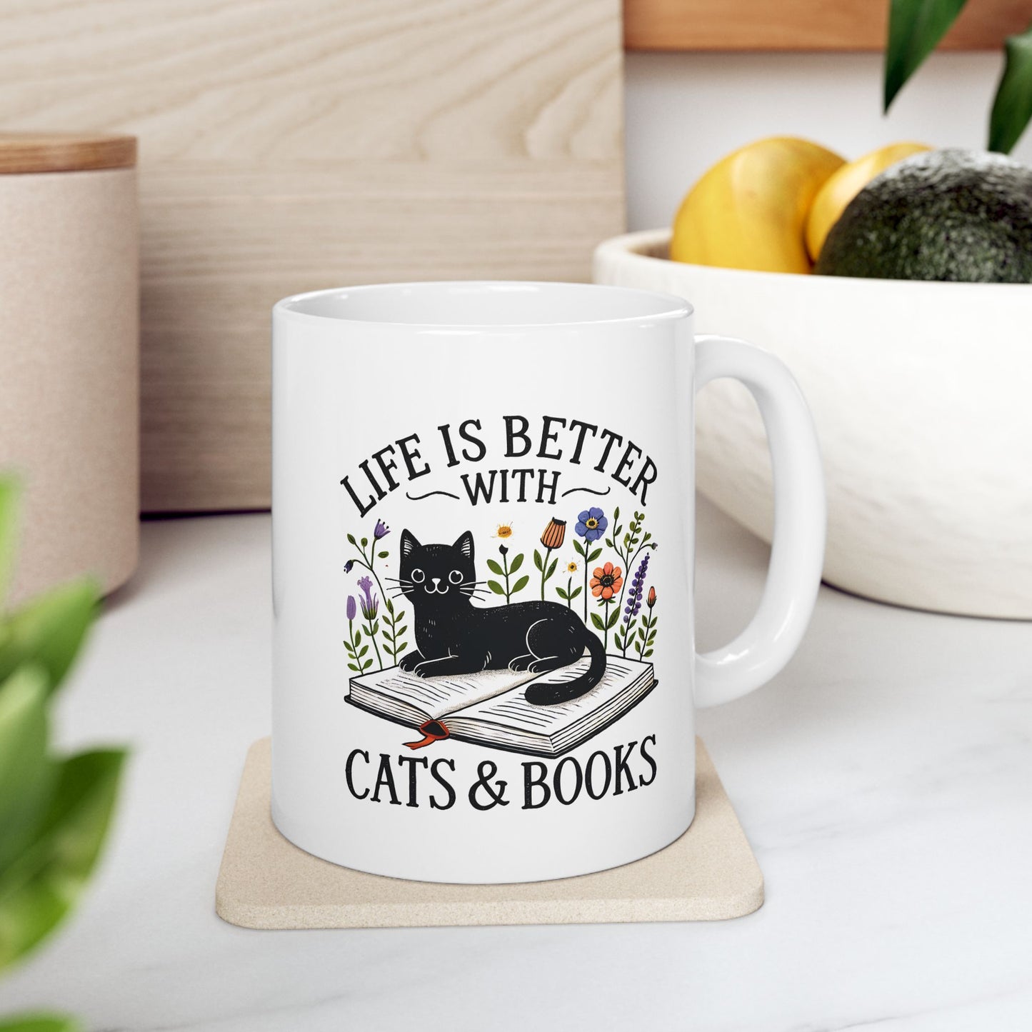 #27 Life is better with cats & books - Funny Cat Lover Mug for Everyday Use | 11oz & 15oz Coffee Cup
