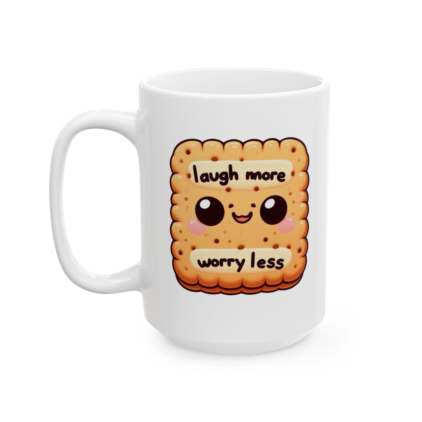 #224 Laugh More Worry Less - Kawaii Motivation & Positivity Mug, Cute & Uplifting Gift | 11oz & 15oz Coffee Cup