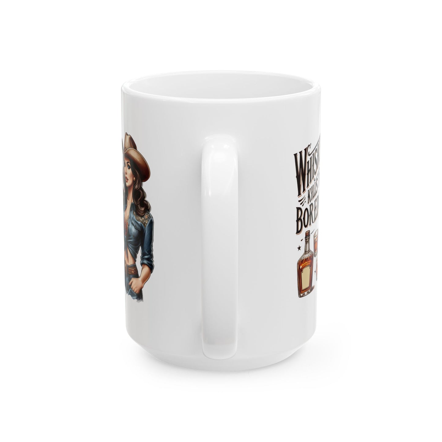 #66 Whiskey kills the boredom - Funny Retro Girl Mug for Everyday Use | 11oz & 15oz Coffee Cup