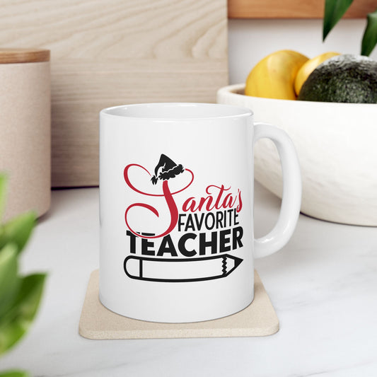 #206 Santa's favorite teacher - Funny Holiday & Festive Christmas Mug, Perfect Gift | 11oz & 15oz Coffee Cup