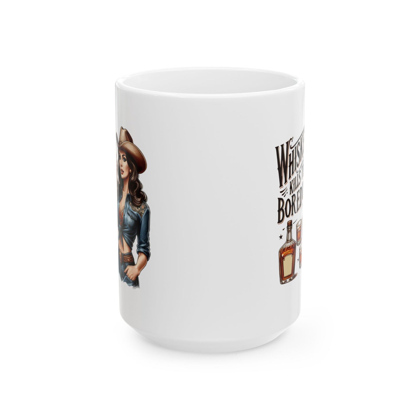 #66 Whiskey kills the boredom - Funny Retro Girl Mug for Everyday Use | 11oz & 15oz Coffee Cup