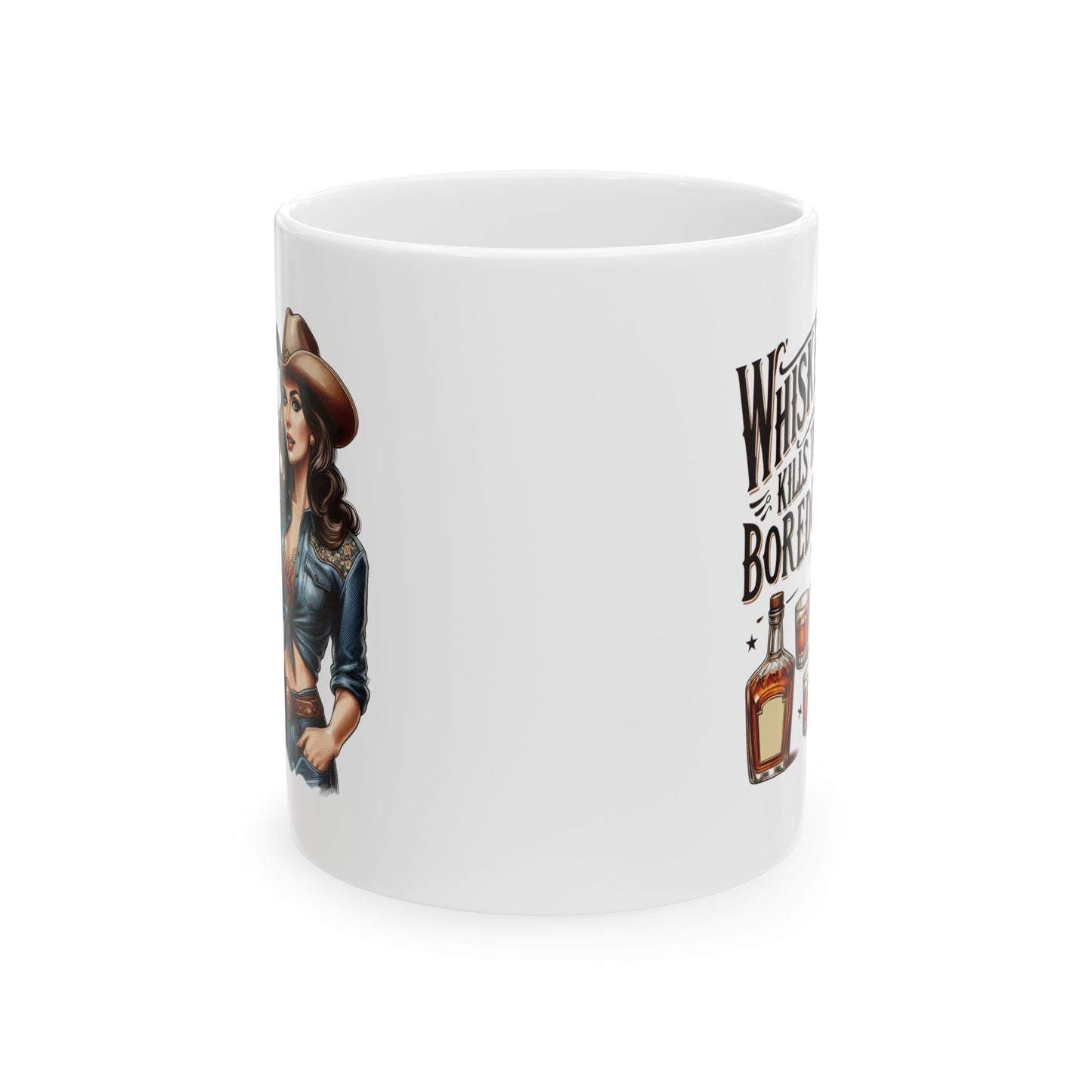 #66 Whiskey kills the boredom - Funny Retro Girl Mug for Everyday Use | 11oz & 15oz Coffee Cup