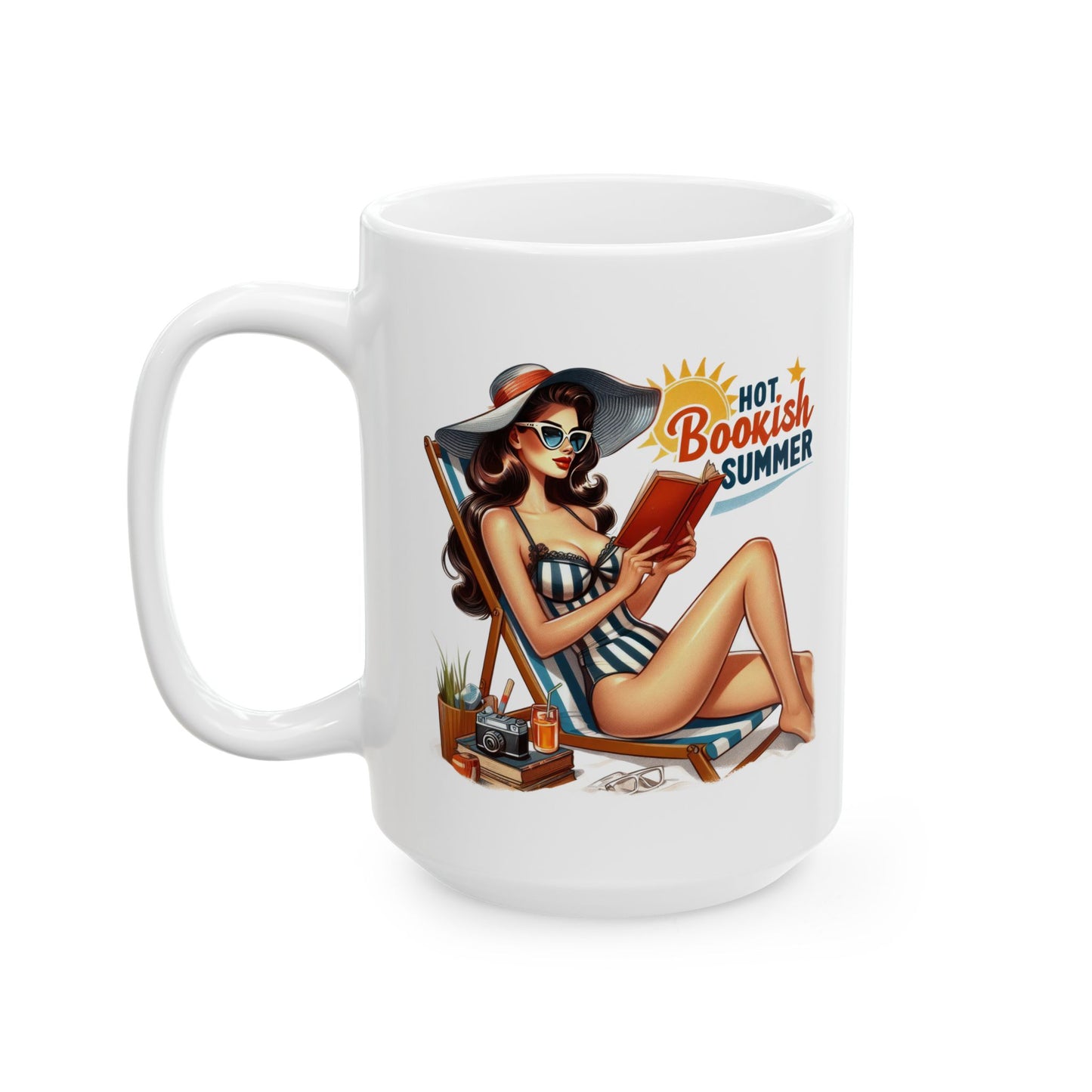 #57 Hot bookish summer - Funny Retro Girl Mug for Everyday Use | 11oz & 15oz Coffee Cup