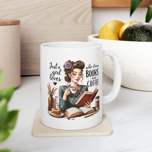 #56 Just a girl who loves books and coffee - Funny Retro Girl Mug for Everyday Use | 11oz & 15oz Coffee Cup