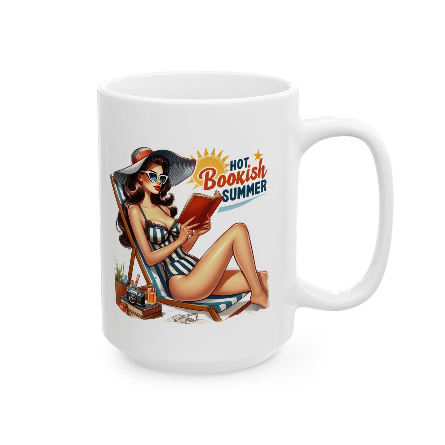 #57 Hot bookish summer - Funny Retro Girl Mug for Everyday Use | 11oz & 15oz Coffee Cup