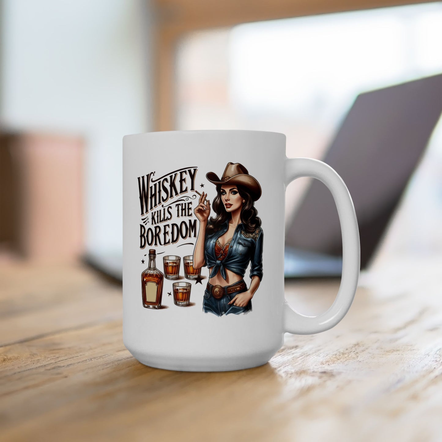 #66 Whiskey kills the boredom - Funny Retro Girl Mug for Everyday Use | 11oz & 15oz Coffee Cup