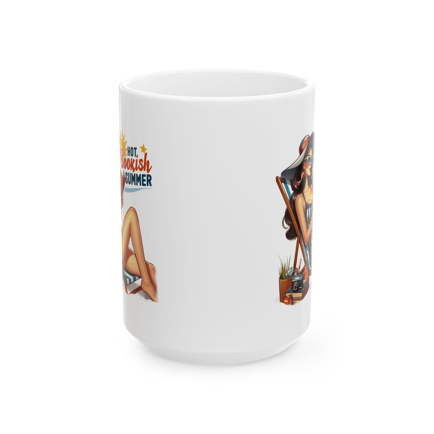 #57 Hot bookish summer - Funny Retro Girl Mug for Everyday Use | 11oz & 15oz Coffee Cup