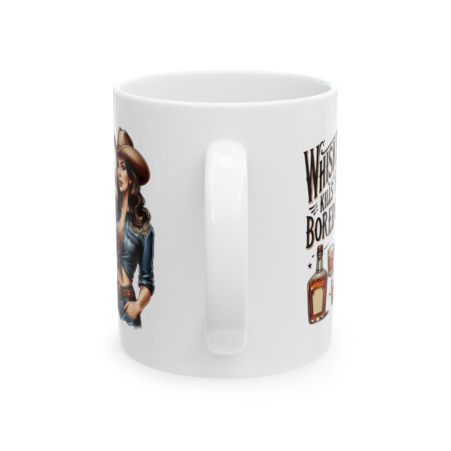 #66 Whiskey kills the boredom - Funny Retro Girl Mug for Everyday Use | 11oz & 15oz Coffee Cup