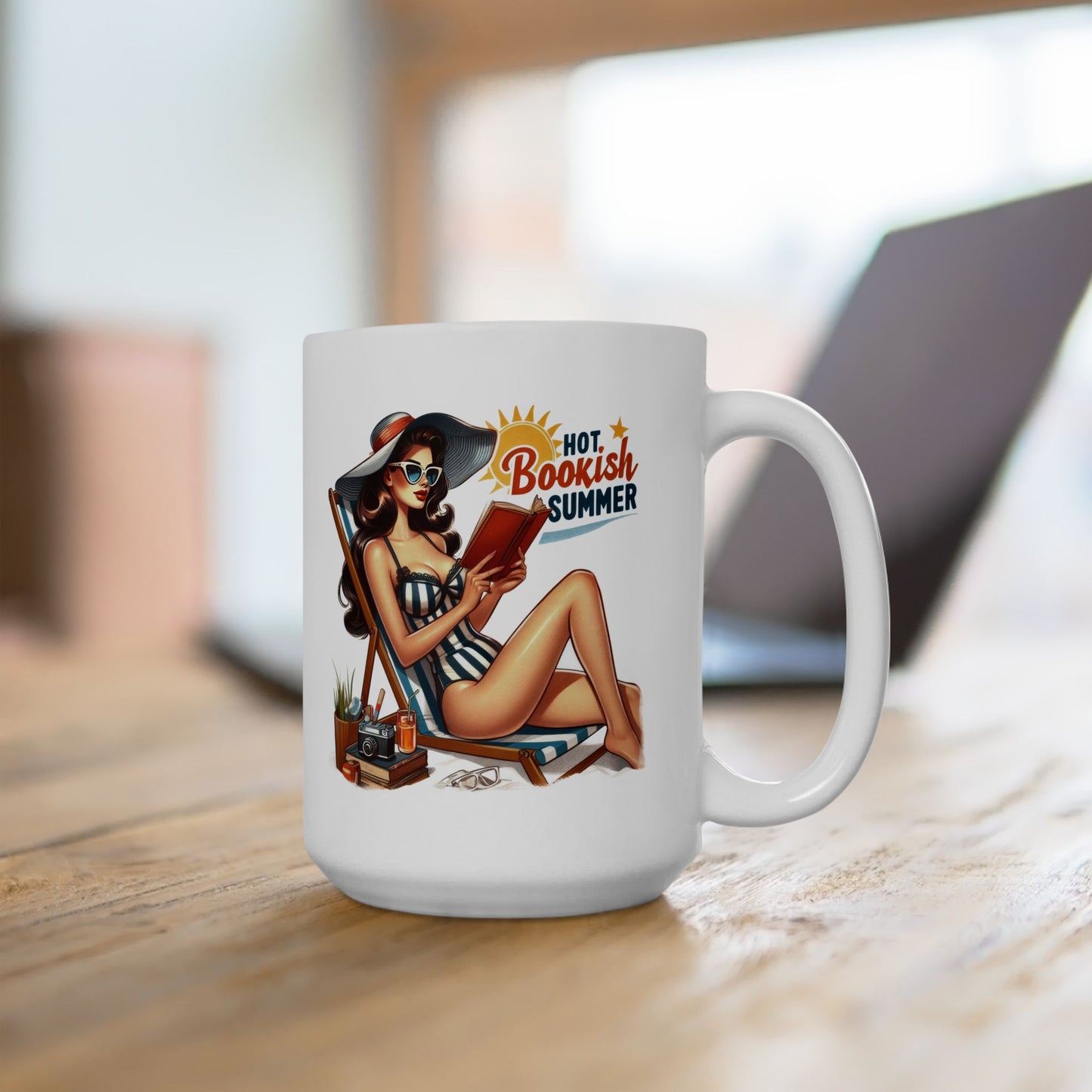 #57 Hot bookish summer - Funny Retro Girl Mug for Everyday Use | 11oz & 15oz Coffee Cup