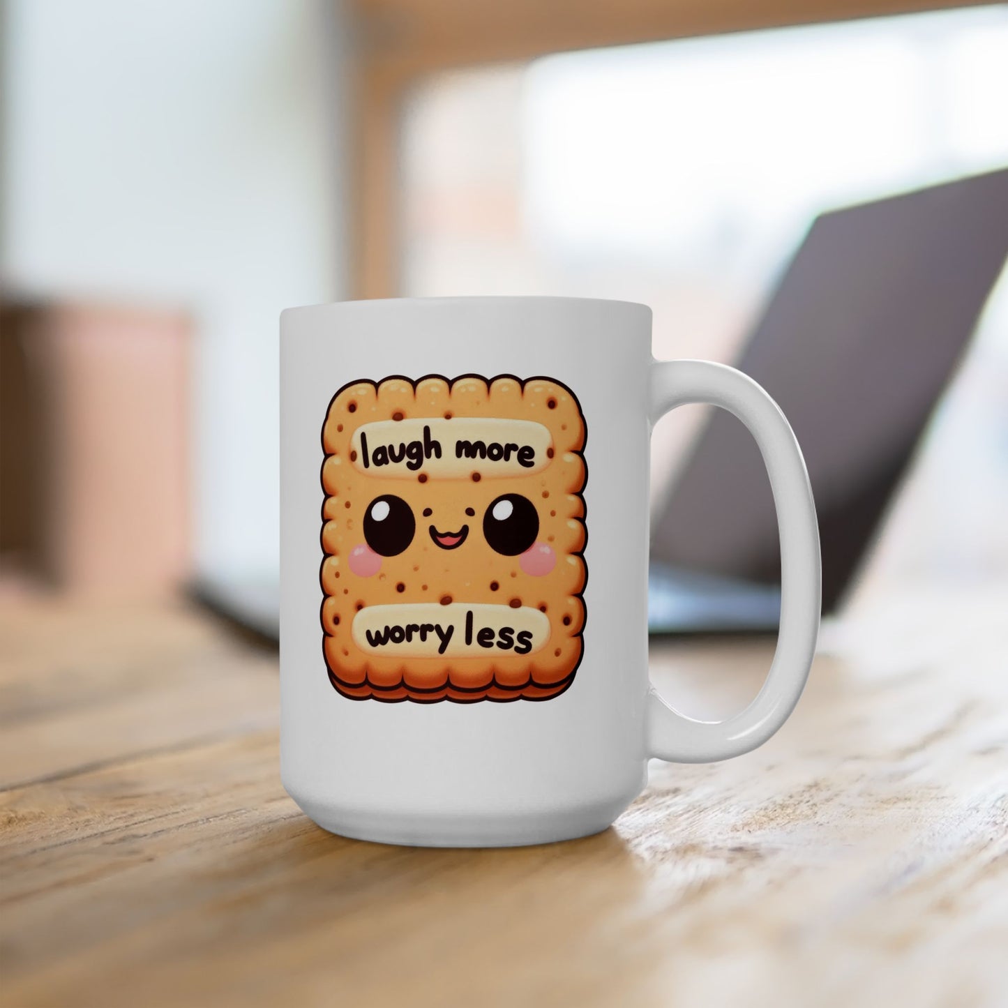 #224 Laugh More Worry Less - Kawaii Motivation & Positivity Mug, Cute & Uplifting Gift | 11oz & 15oz Coffee Cup