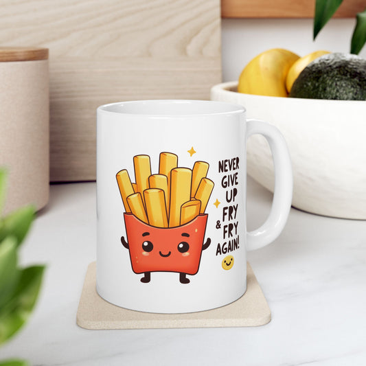 #230 Never Give Up Fry Fry Again - Kawaii Motivation & Positivity Mug, Cute & Uplifting Gift | 11oz & 15oz Coffee Cup