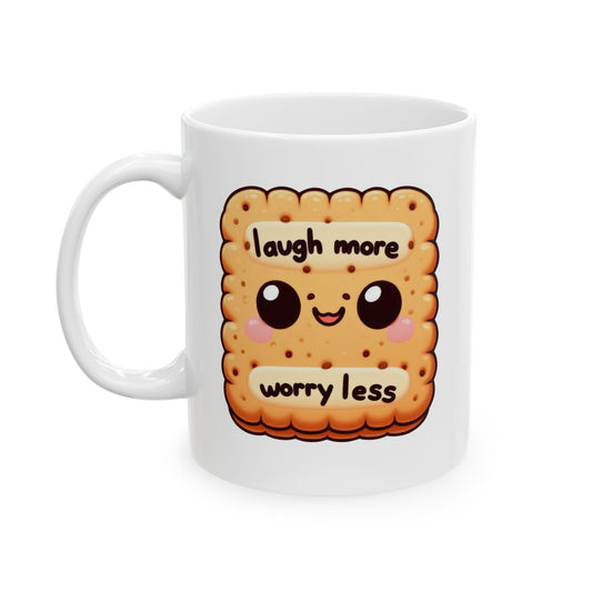 #224 Laugh More Worry Less - Kawaii Motivation & Positivity Mug, Cute & Uplifting Gift | 11oz & 15oz Coffee Cup