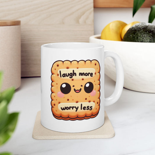 #224 Laugh More Worry Less - Kawaii Motivation & Positivity Mug, Cute & Uplifting Gift | 11oz & 15oz Coffee Cup